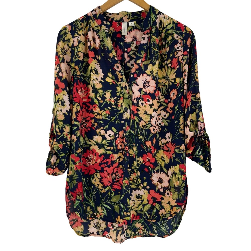 Tacera Blouse Womens Roll Tab Sleeve Half Button Collarless Floral Top